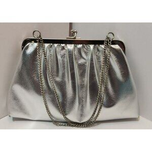 Vintage Silver Colored Kiss Lock Closure Evening Purse with Chain Black Interior